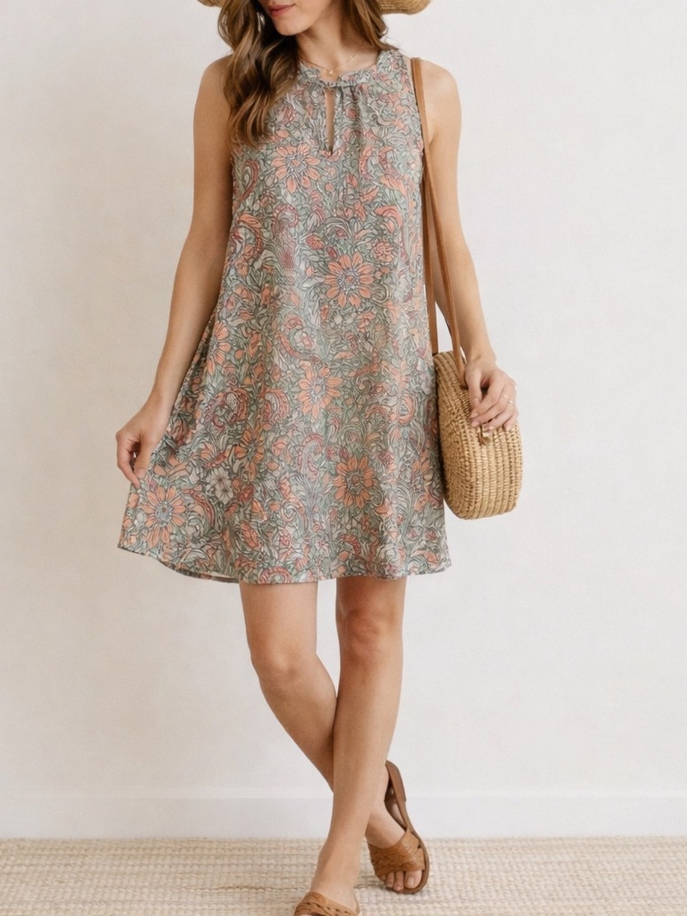 NWOT Cupcakes Cashmere Paisley Floral Sleeveless Dress Tunic Size XS Pink Olive